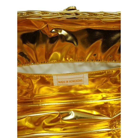 Vintage Gold Metallic Metal Woven Evening Box Purse With Top Clasp & Chain Strap - Picture 5 of 13